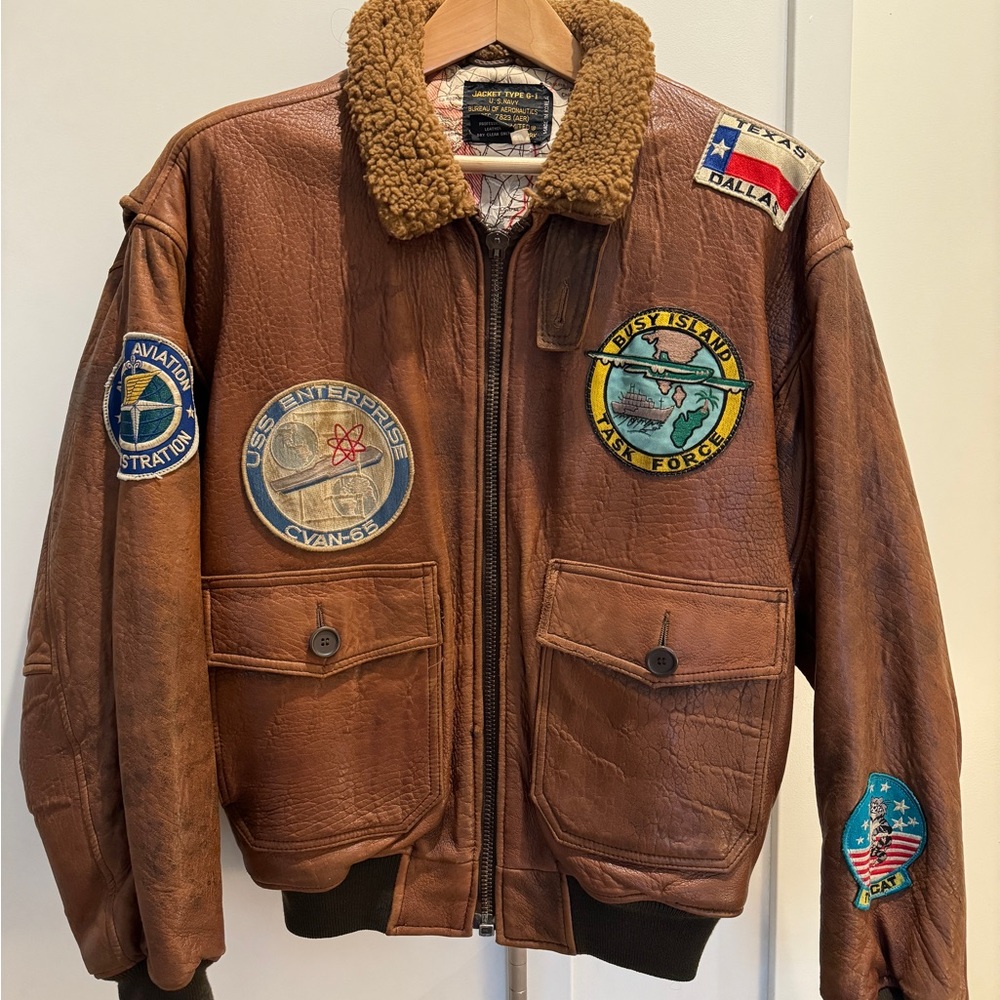 Vintage Avirex Brown Leather Bomber Jacket with Patches